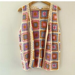 House of Harlow 1960 Crocheted Vest Knit Hippie Boho Pastel Granny Squares OS